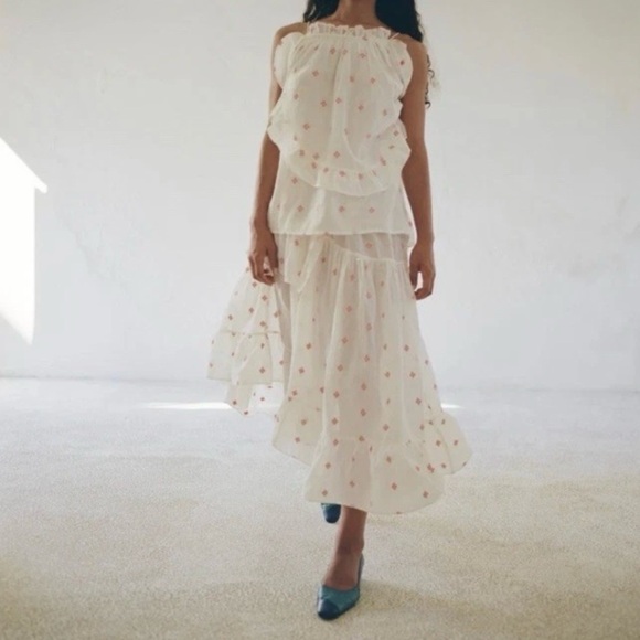 Anaak Delá Embroidered Asymmetrical Ruffle Midi Skirt Rouge Blanc Jamdani 0 XS - Picture 2 of 16